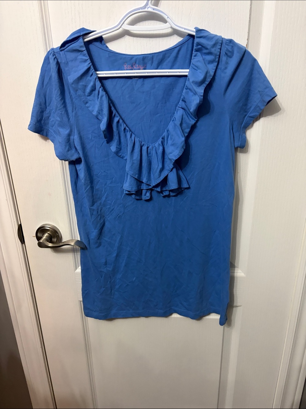 Ruffled V-Neck Short Sleeve Tee in Blue